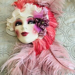 Elegant Pink Feathered Mask-Wall Art